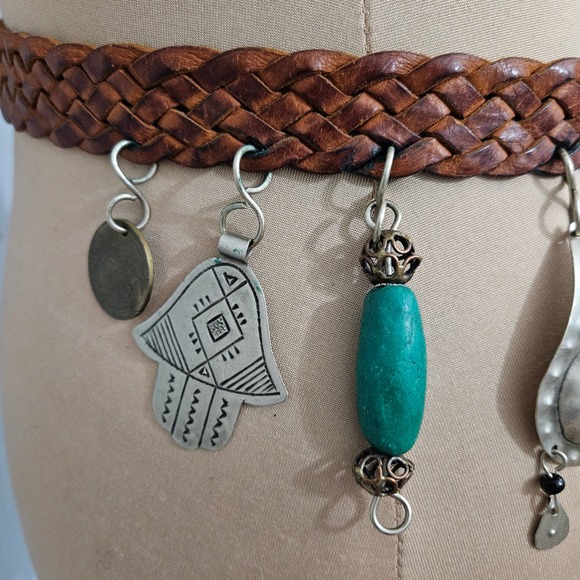 Boho Braided Leather Belt with‎ Charms Tassel Coin Turquoise Beads main image 10